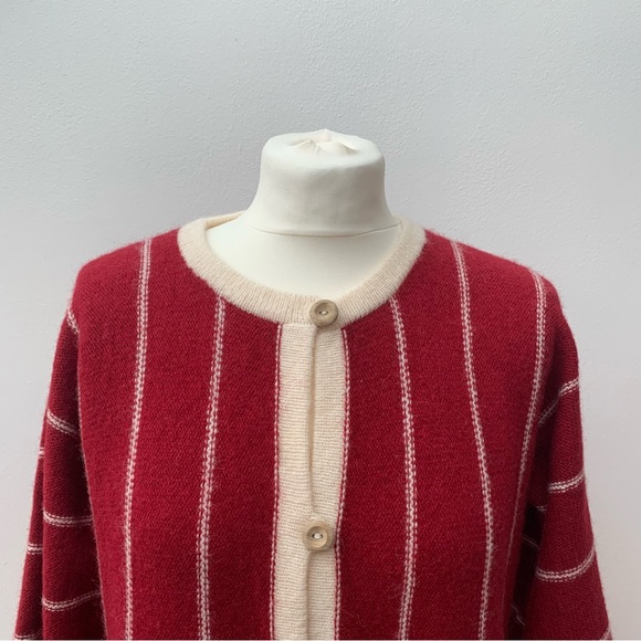 Vintage Welsh Knit Ann Luffman Ladies Wool Cardigan Red Vertical Stripe Wood - Picture 2 of 8